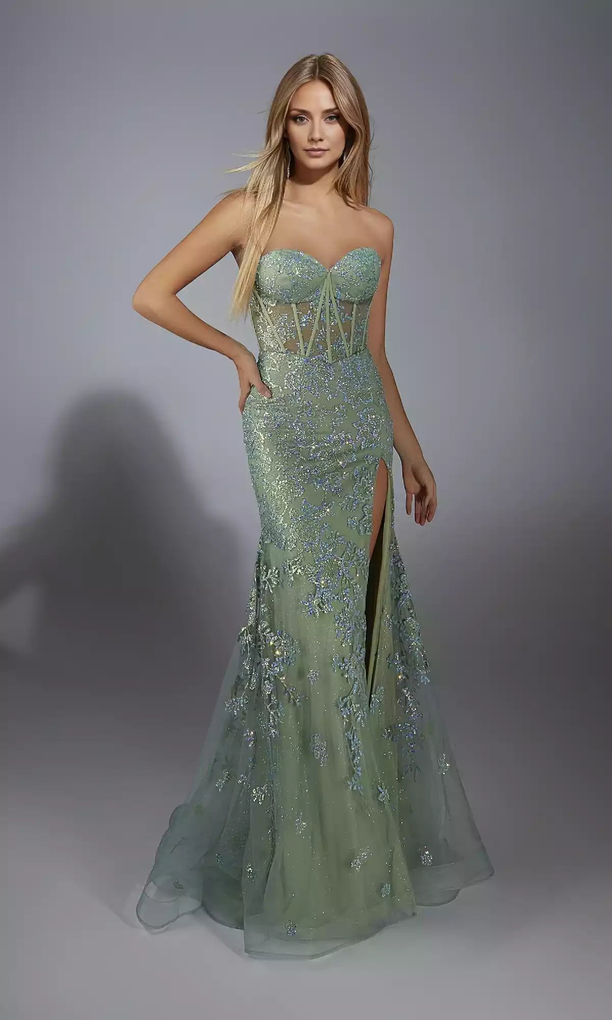 Elegant strapless sparkling mermaid transparent tight corset with heart-shaped neckline and adjustable lace up back Prom Dresses