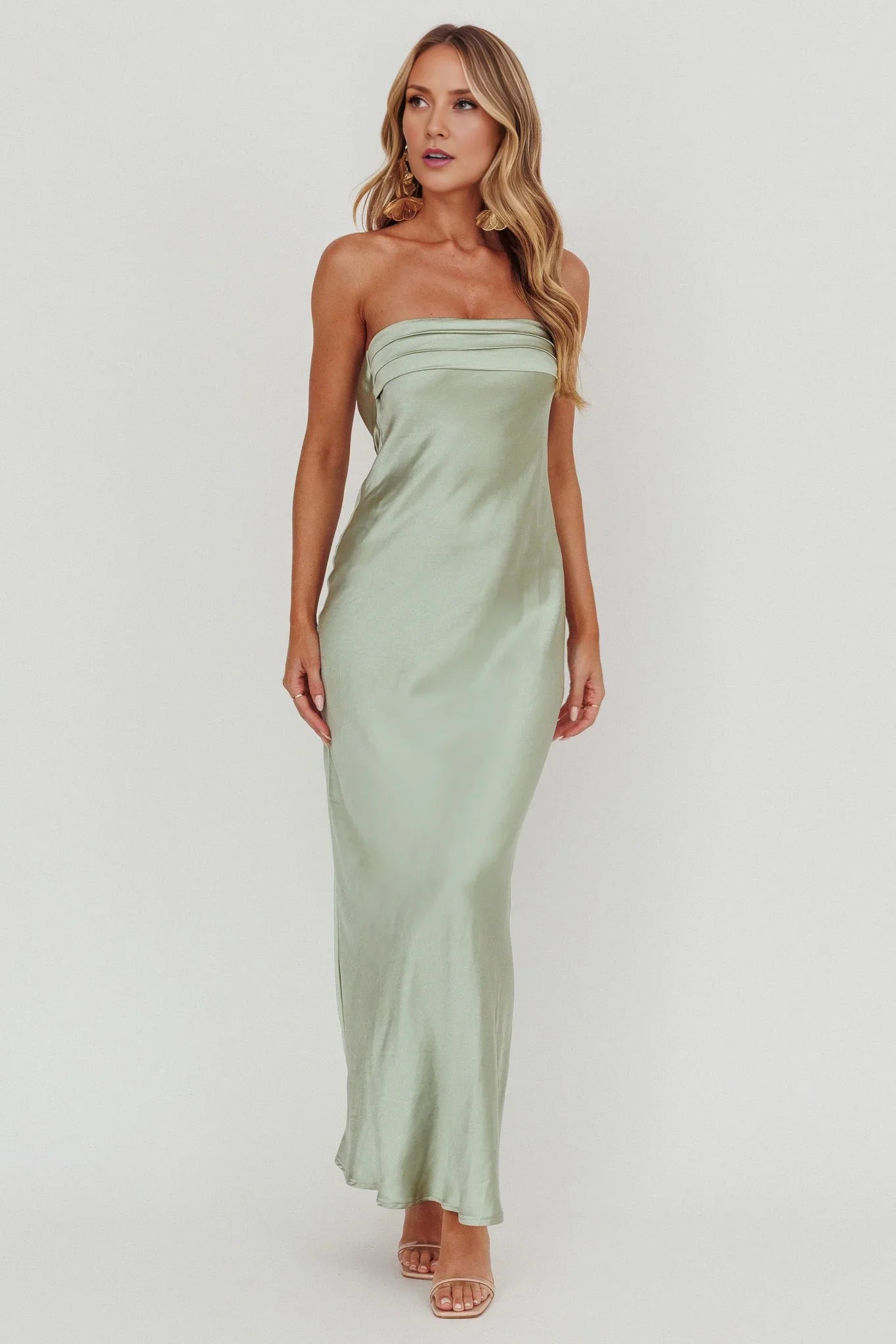 Elegant strapless strapless strapless pleated satin off shoulder extra long bridesmaid dress