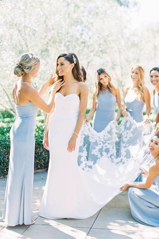 Elegant suspender light blue satin long bridesmaid dress