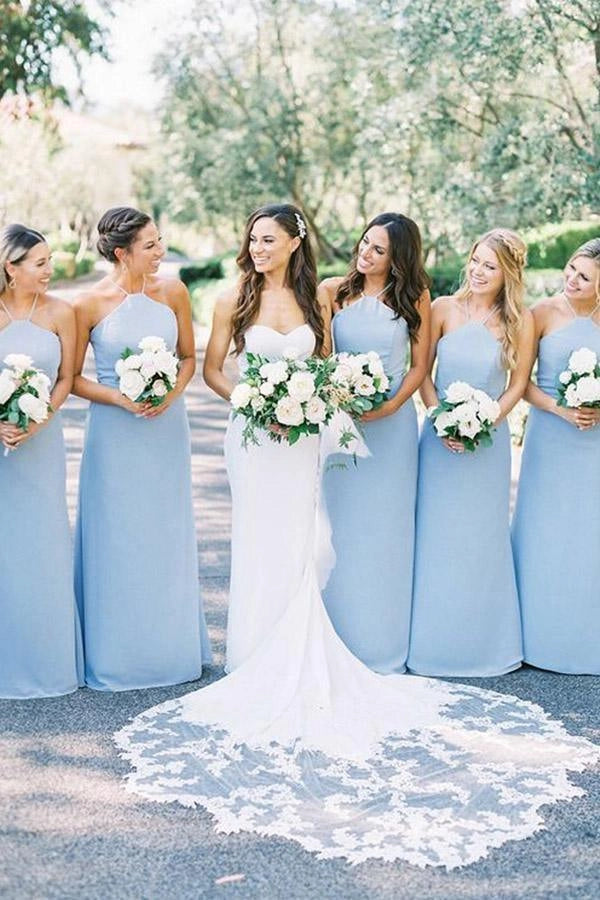 Elegant suspender light blue satin long bridesmaid dress