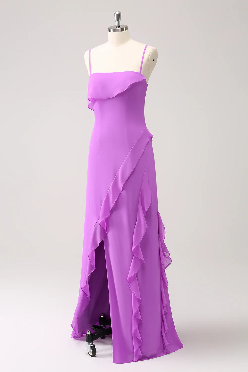 Elegant tight slim shoulder strap ruffle side length slit bridesmaid dress