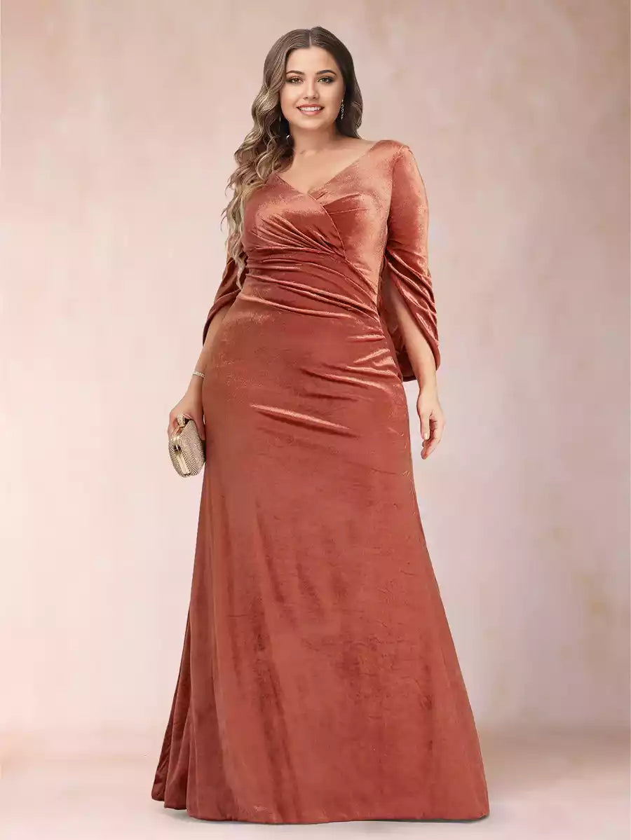 Elegant trumpet/mermaid V-neck half sleeve and floor size Mother of the Bride Dresses