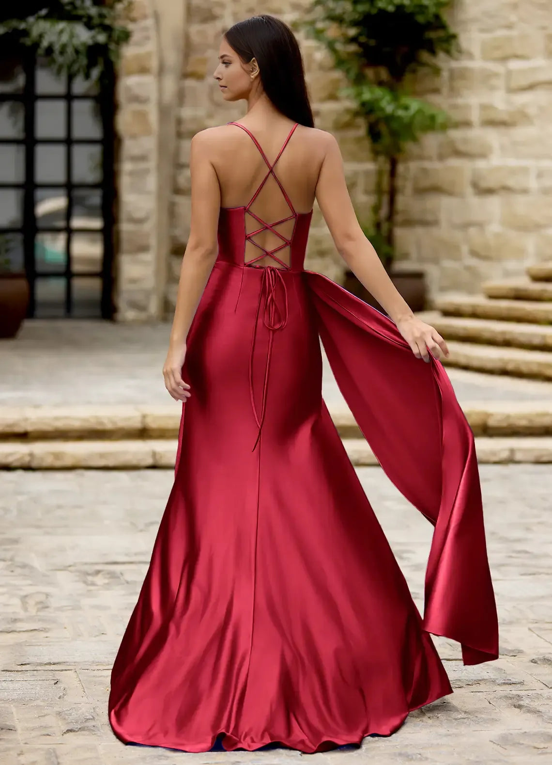 Elegant wine Mermaid Spaghetti Strap Sleeveless Crisscross Back Floor-Length Satin Slit Prom Dress with Side Drape