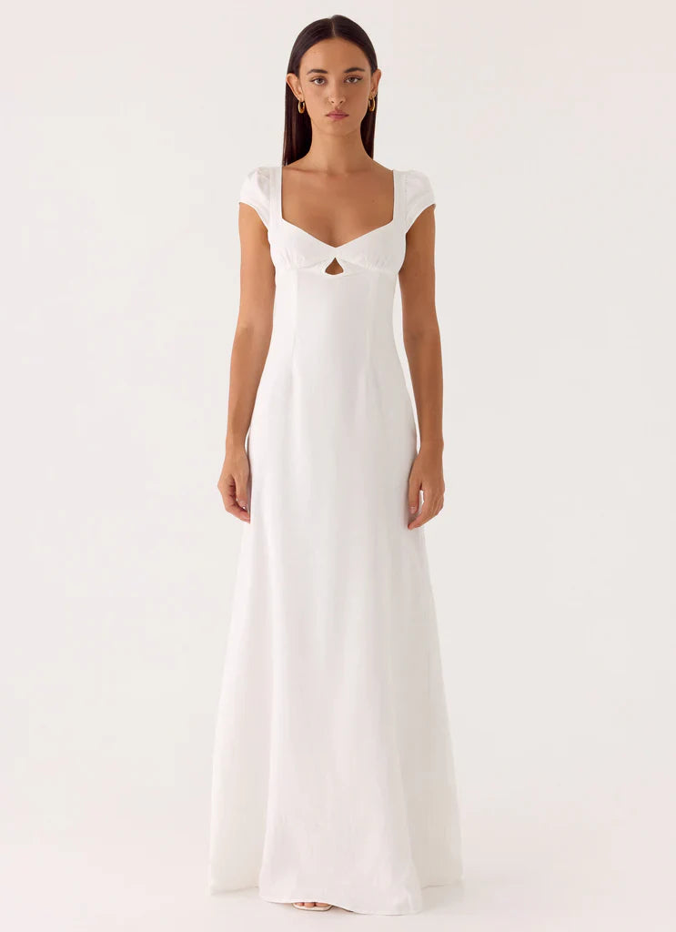 White Square Neck Keyhole Cutout Maxi Dress For Elegant Casual Party Events