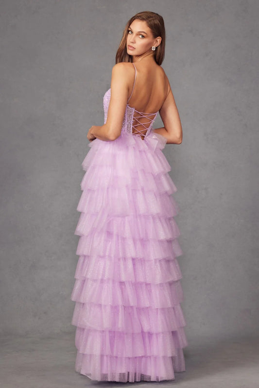 Embroidered sleeveless A-line dress with multi-layer sheer hem and side slit