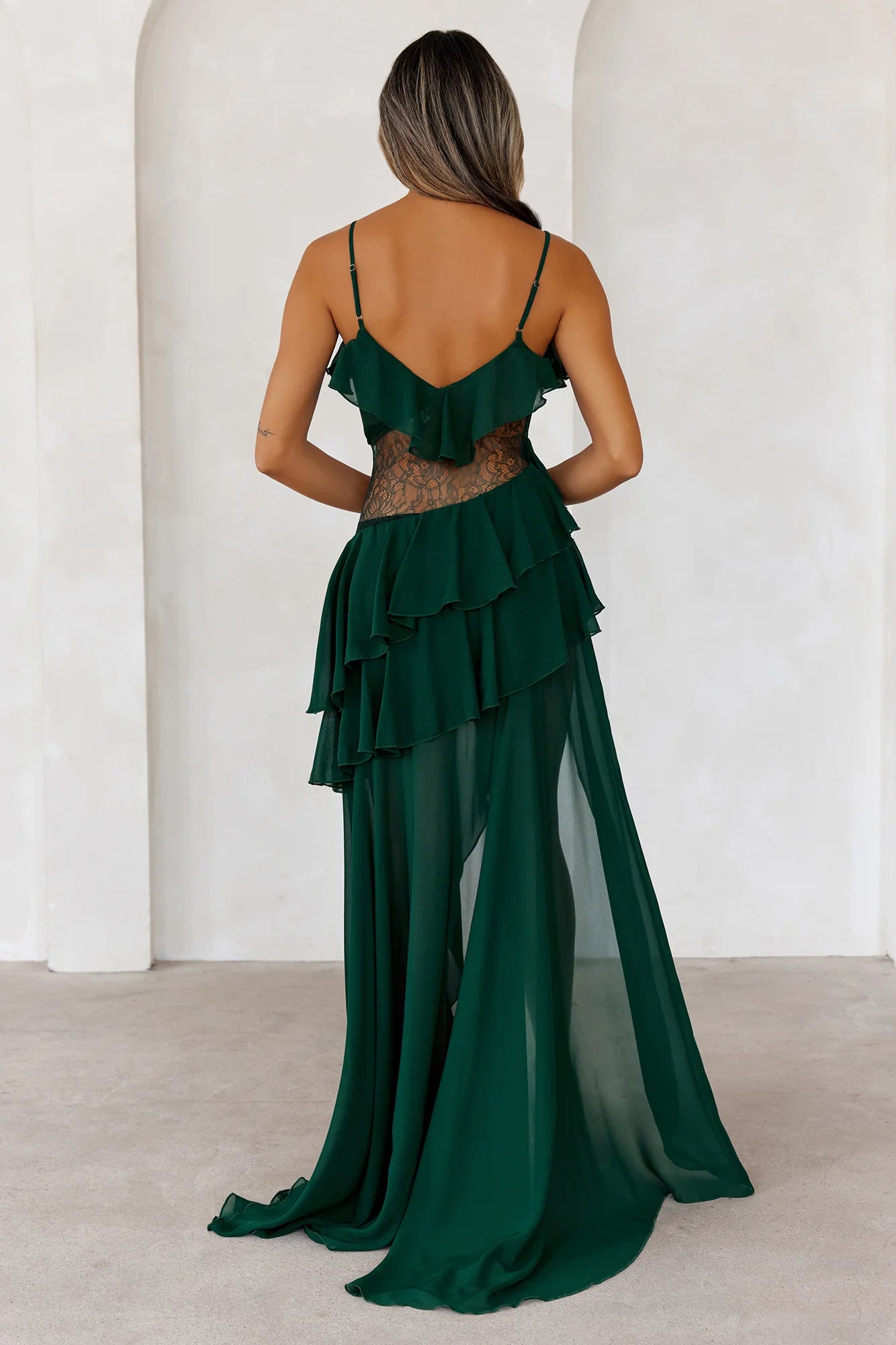 Emerald Green Chiffon Ruffle Lace Panel High Slit Maxi Dresses