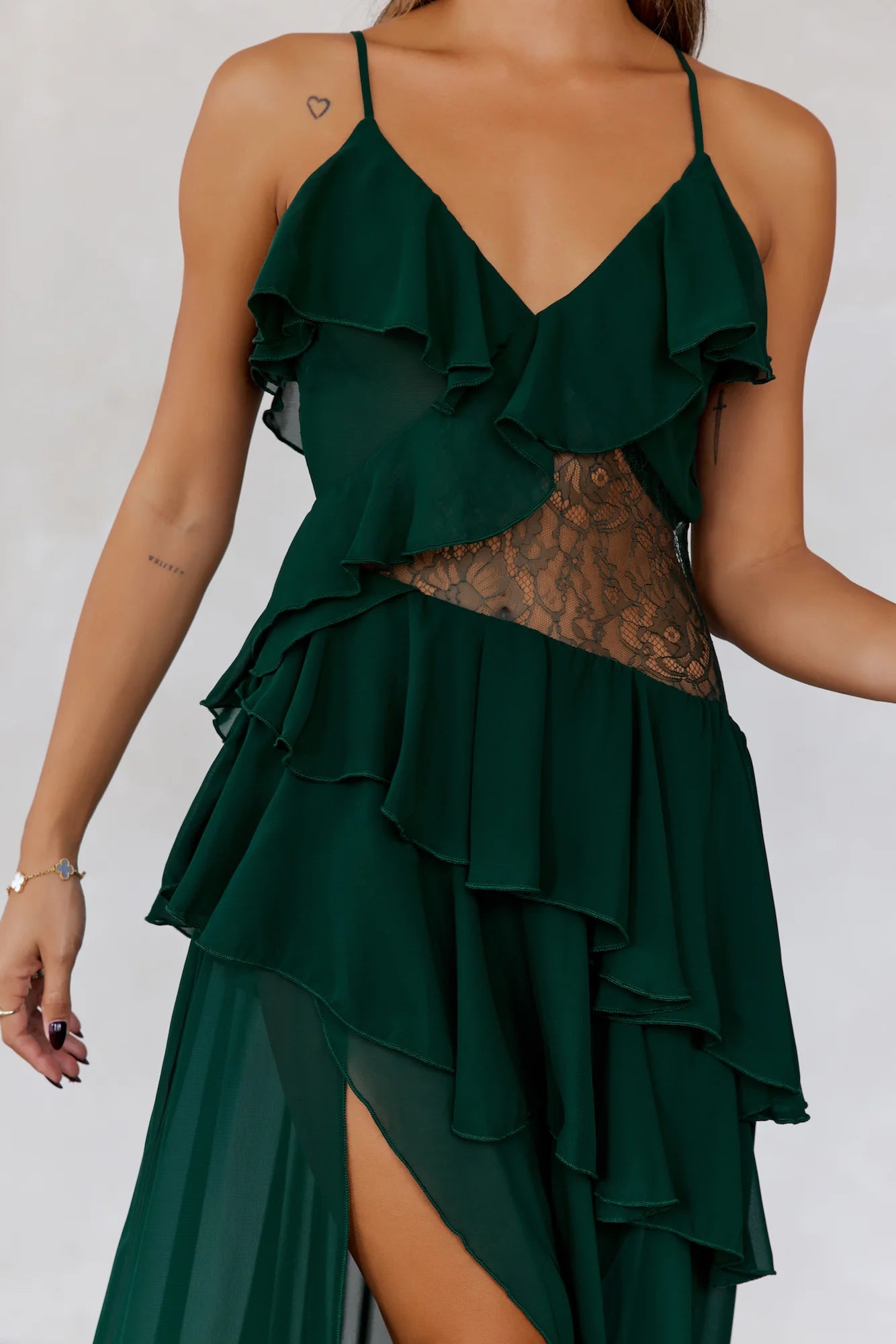 Emerald Green Chiffon Ruffle Lace Panel High Slit Maxi Dresses