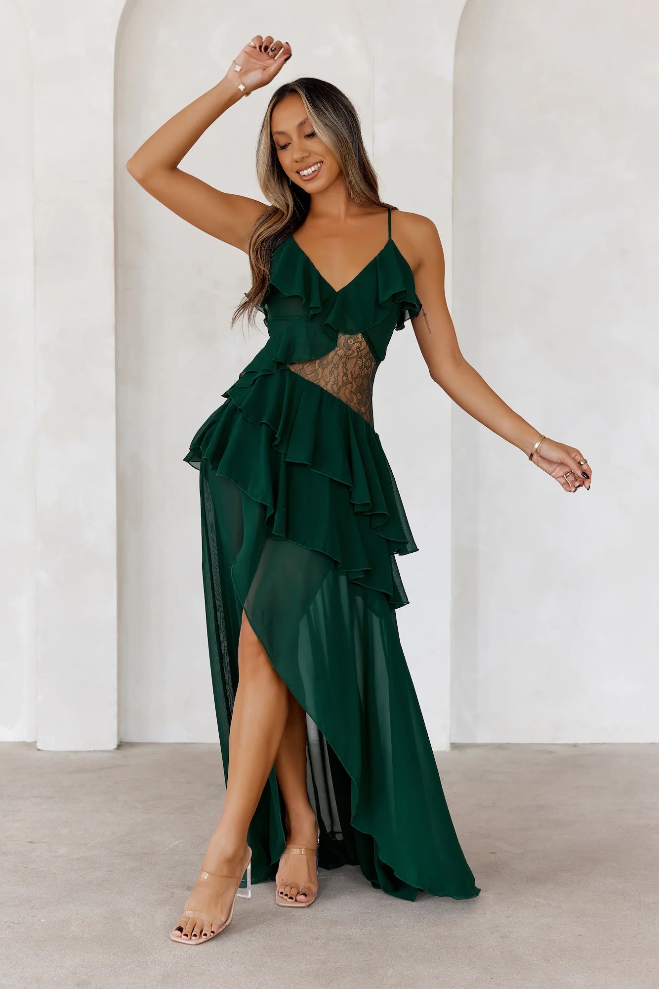 Emerald Green Chiffon Ruffle Lace Panel High Slit Maxi Dresses