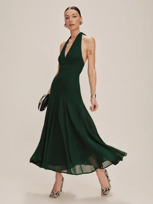Emerald Green Halter Neck Open Back Chiffon Midi Prom Gown