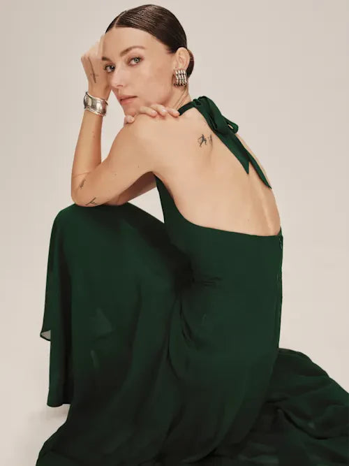 Emerald Green Halter Neck Open Back Chiffon Midi Prom Gown