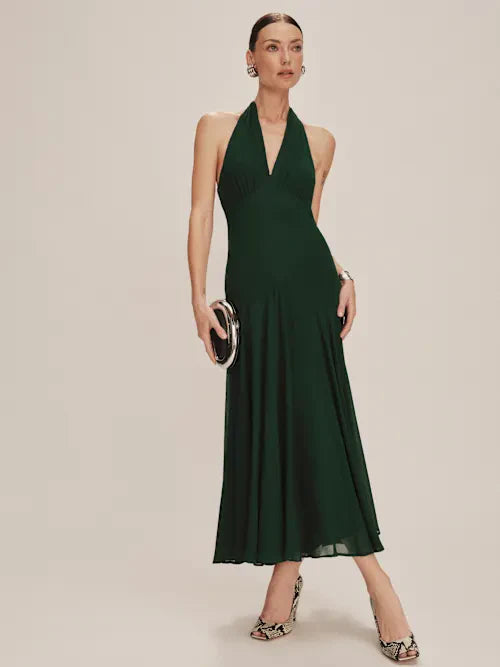 Emerald Green Halter Neck Open Back Chiffon Midi Prom Gown