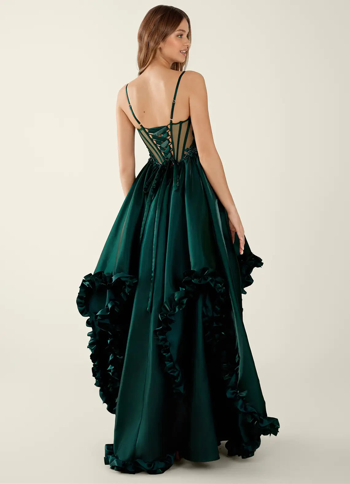 Emerald Green Lace Corset Ball Gown with Ruffled Slit