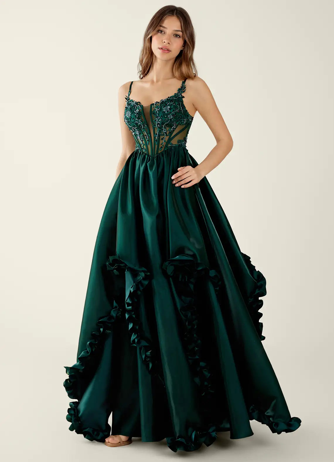 Emerald Green Lace Corset Ball Gown with Ruffled Slit