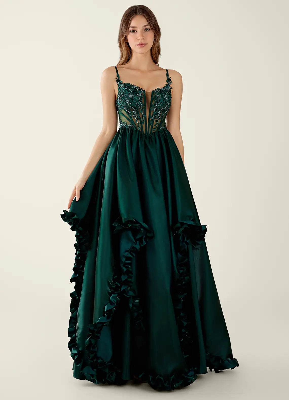 Emerald Green Lace Corset Ball Gown with Ruffled Slit