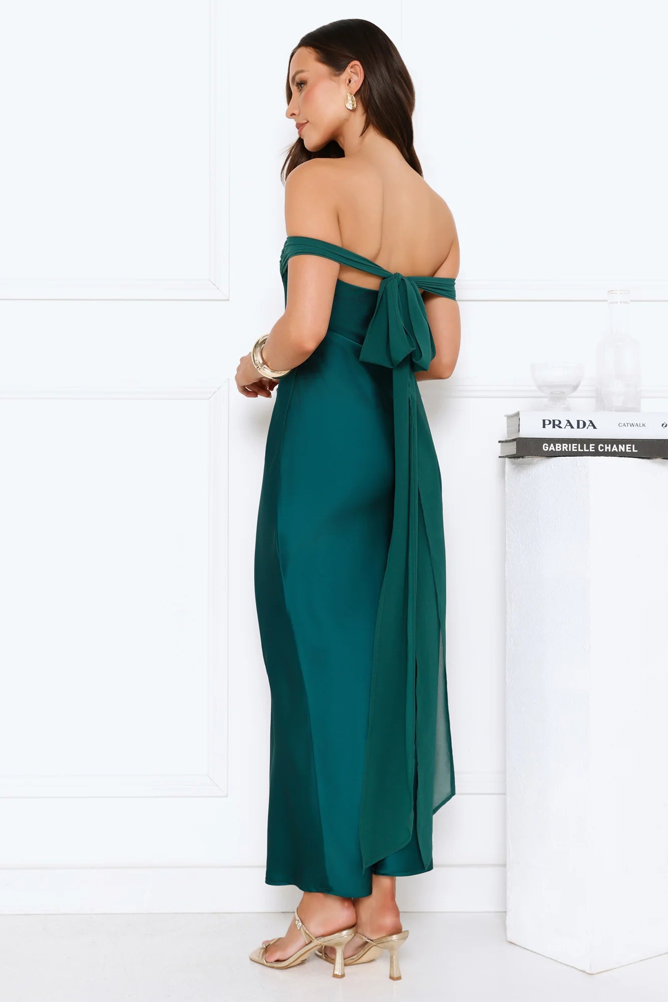 Emerald Green Off-The-Shoulder Tie-Back Satin Bodycon Midi Evening Dresses