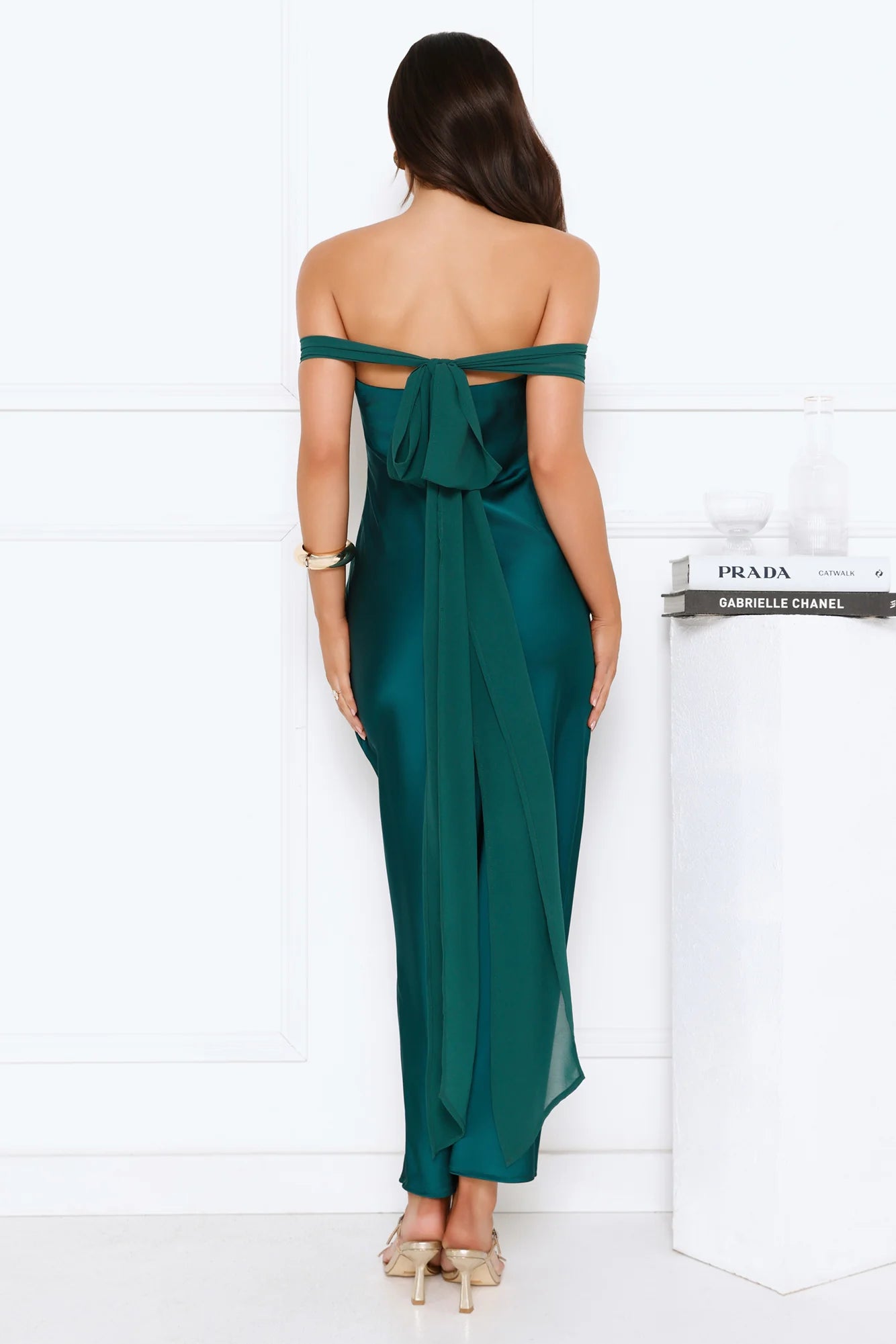 Emerald Green Off-The-Shoulder Tie-Back Satin Bodycon Midi Evening Dresses