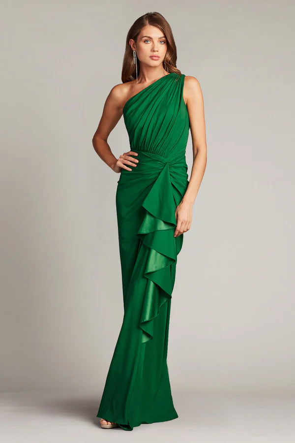Emerald Green One-Shoulder Ruched Ruffle Slit Maxi Evening Dresses