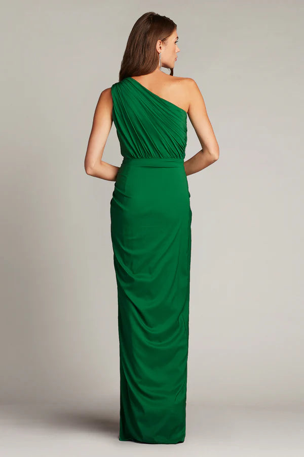 Emerald Green One-Shoulder Ruched Ruffle Slit Maxi Evening Dresses