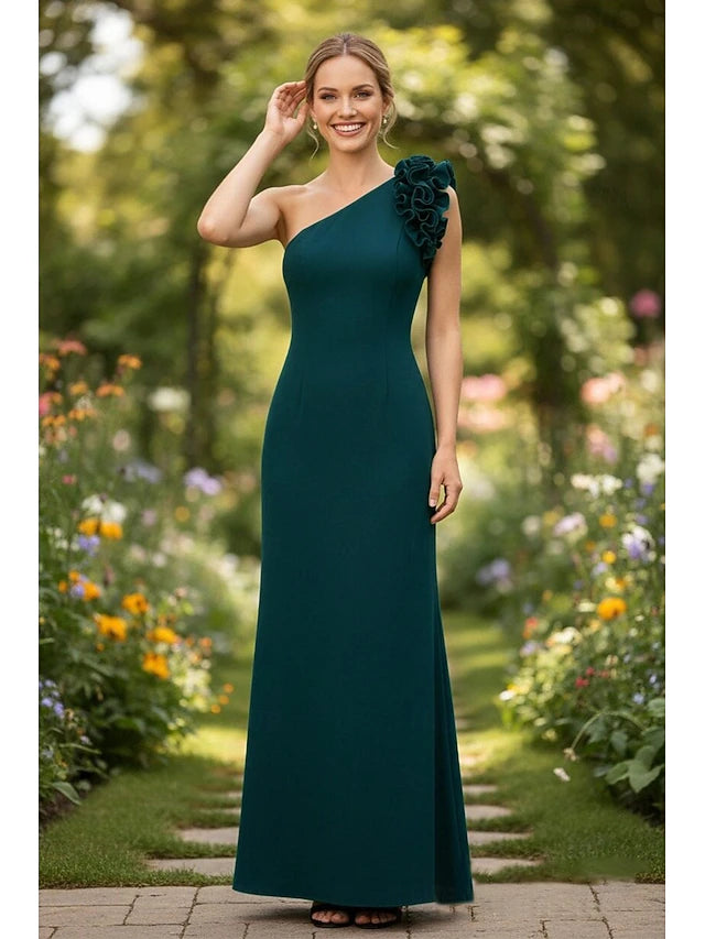 Emerald Green One-Shoulder Ruffle Evening Dresses