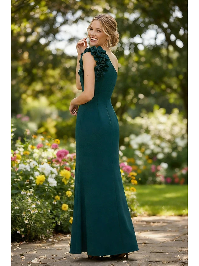 Emerald Green One-Shoulder Ruffle Evening Dresses