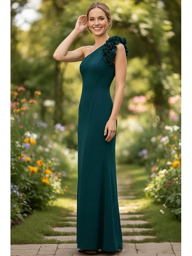 Emerald Green One-Shoulder Ruffle Evening Dresses