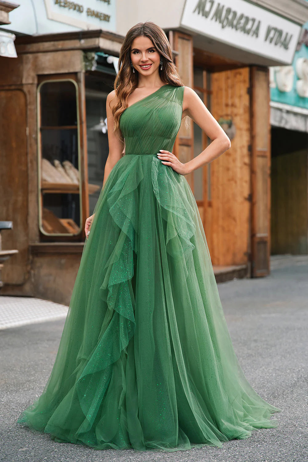 Emerald Green One-Shoulder Ruffle Tulle Maxi Evening Dresses