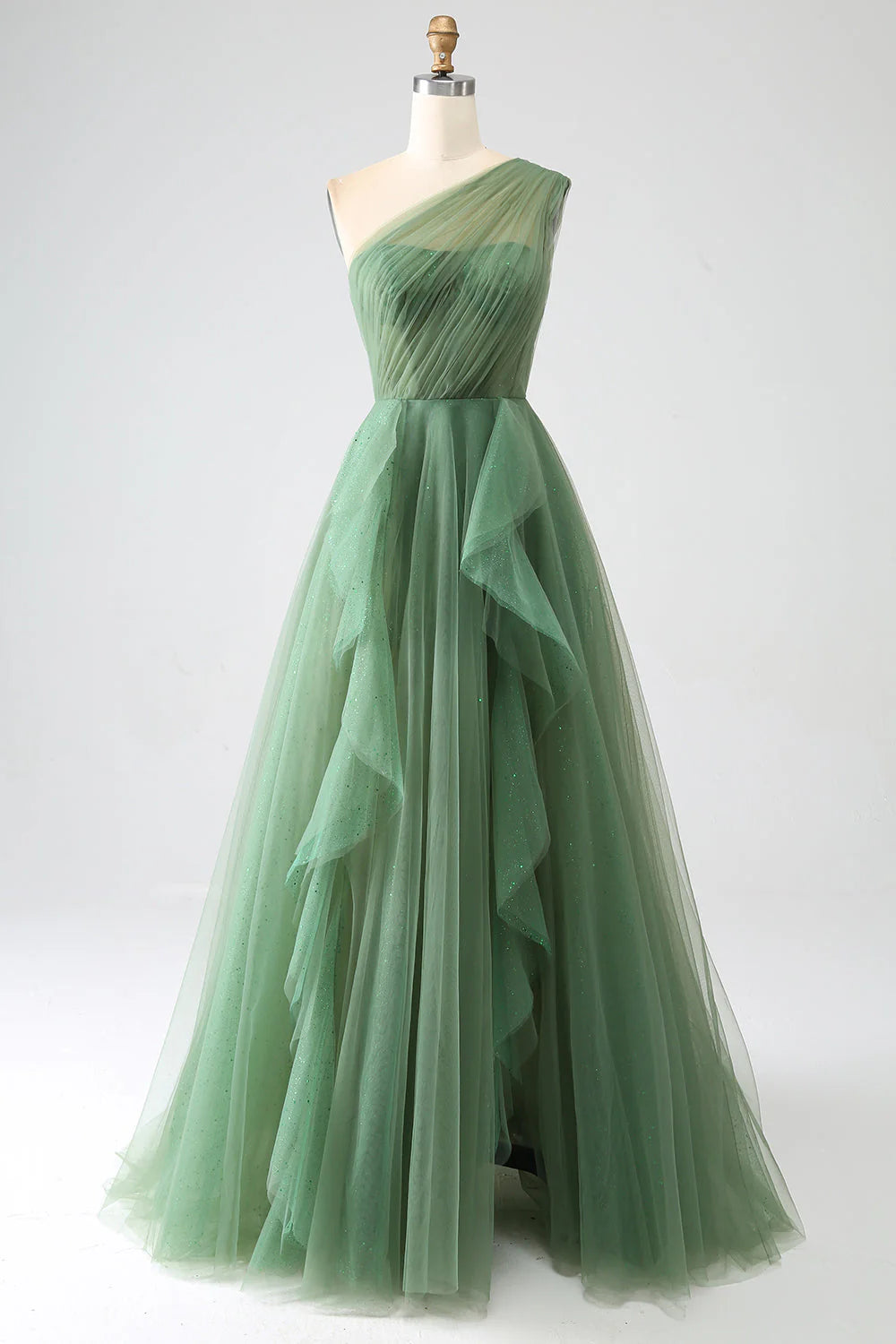 Emerald Green One-Shoulder Ruffle Tulle Maxi Evening Dresses