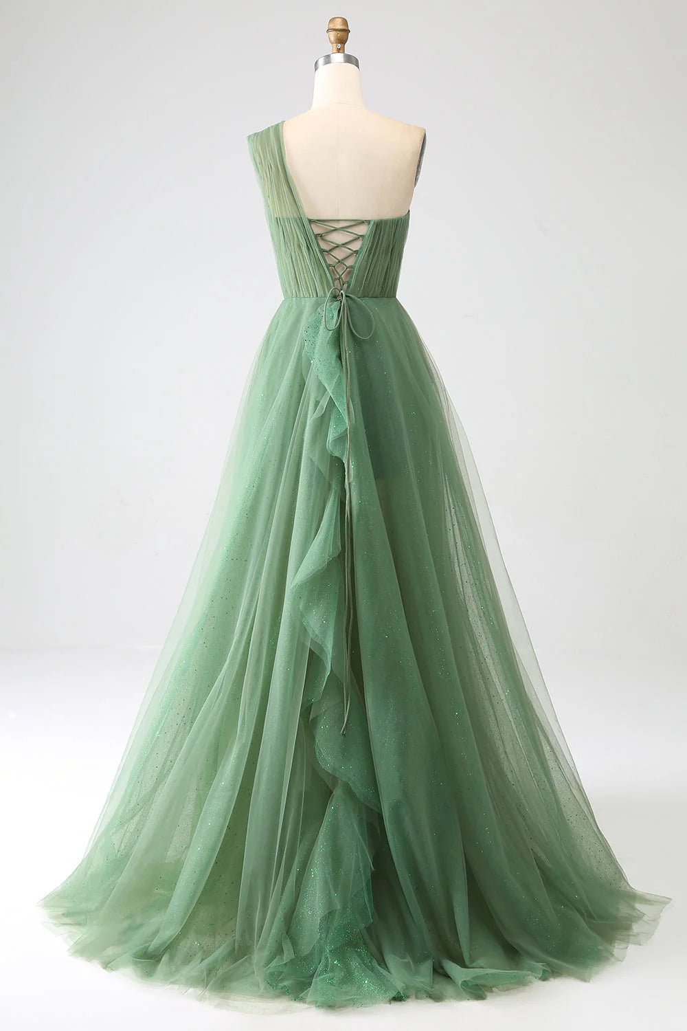 Emerald Green One-Shoulder Ruffle Tulle Maxi Evening Dresses