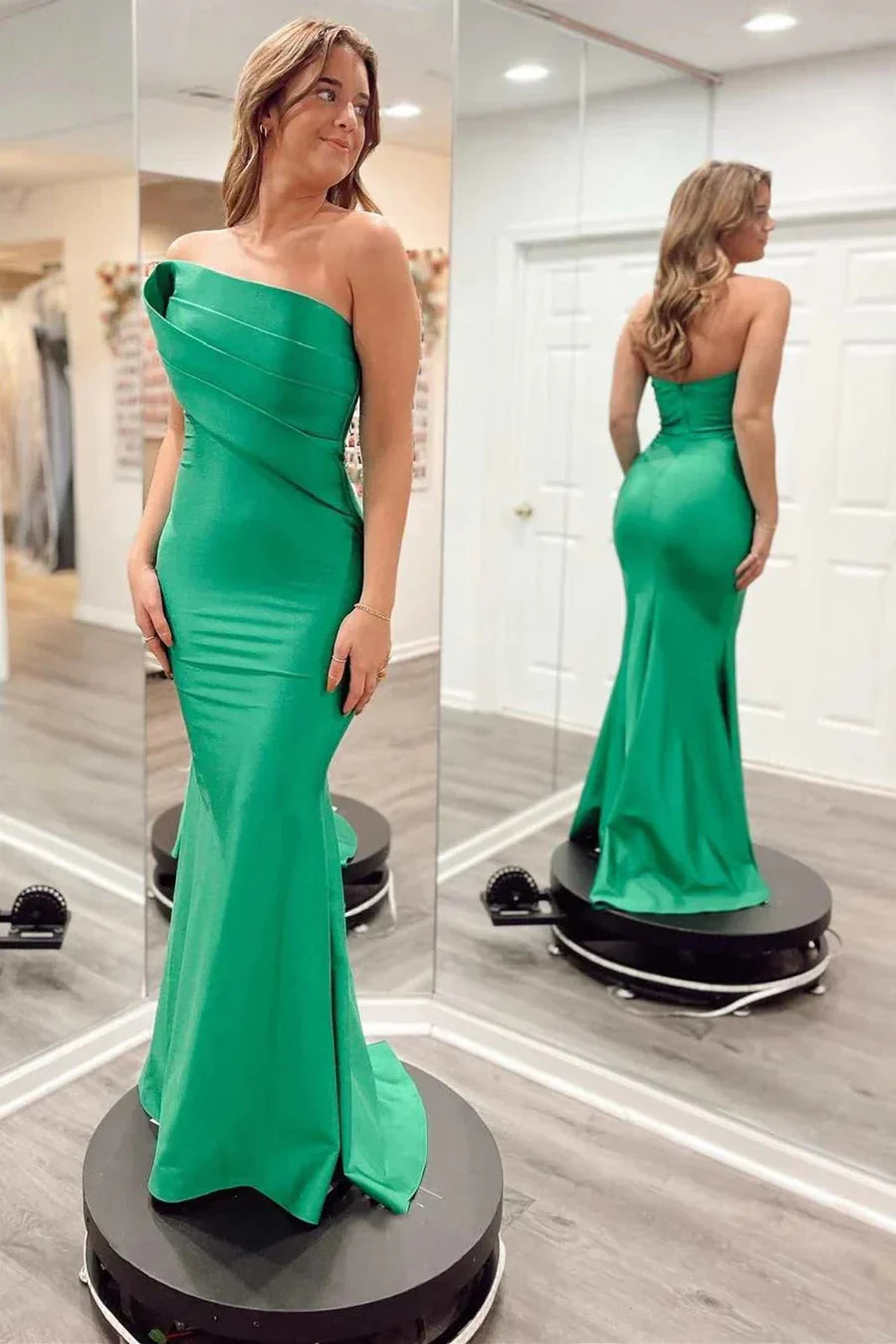 Emerald Green One-Shoulder Satin Mermaid Prom Dress with Train