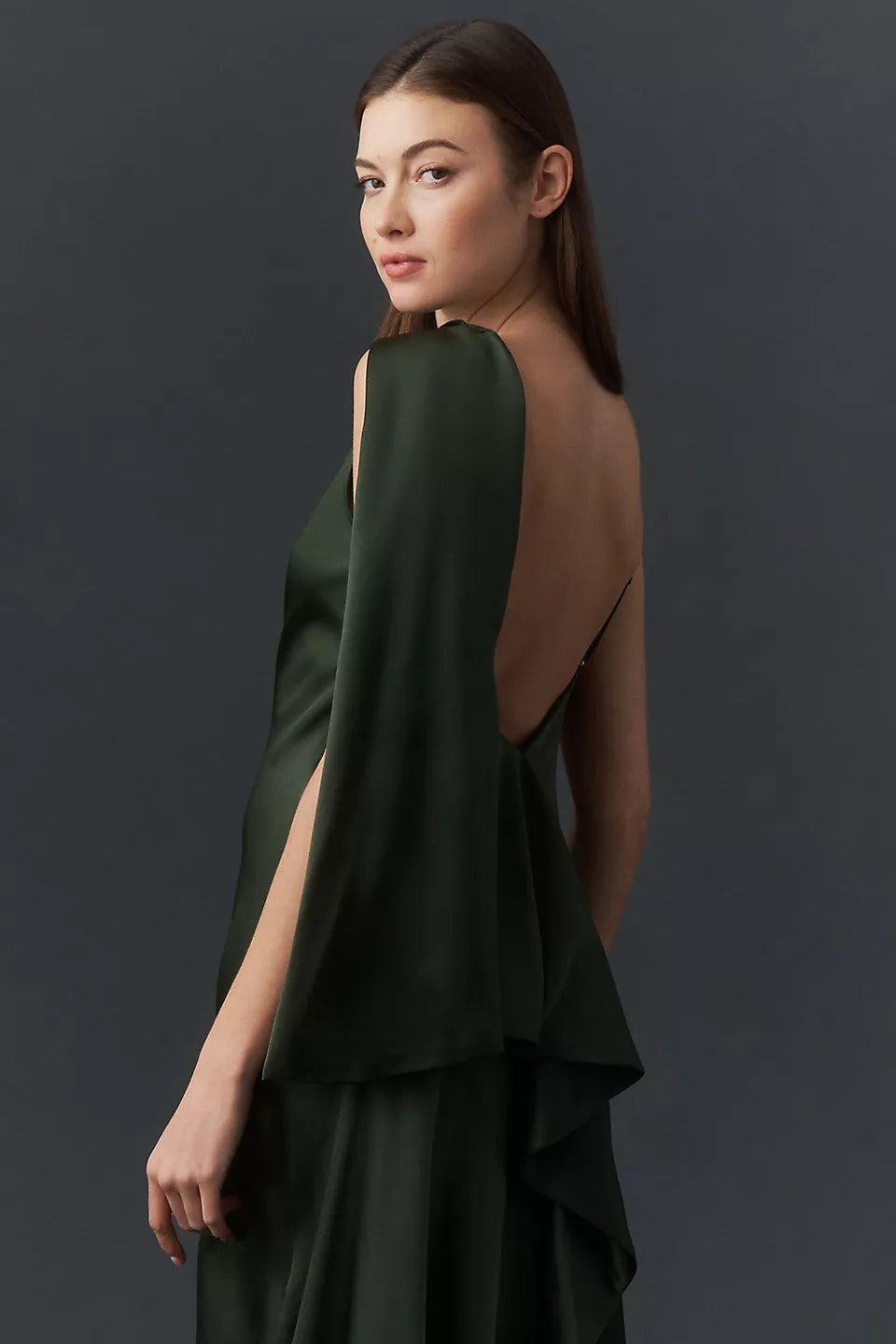 Emerald Green One Shoulder Satin Cape Sleeve Open Back Maxi Evening Dresses