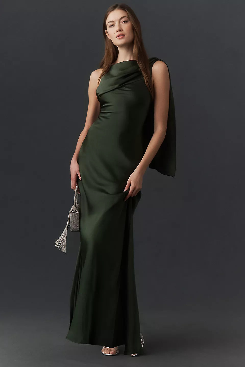 Emerald Green One Shoulder Satin Cape Sleeve Open Back Maxi Evening Dresses