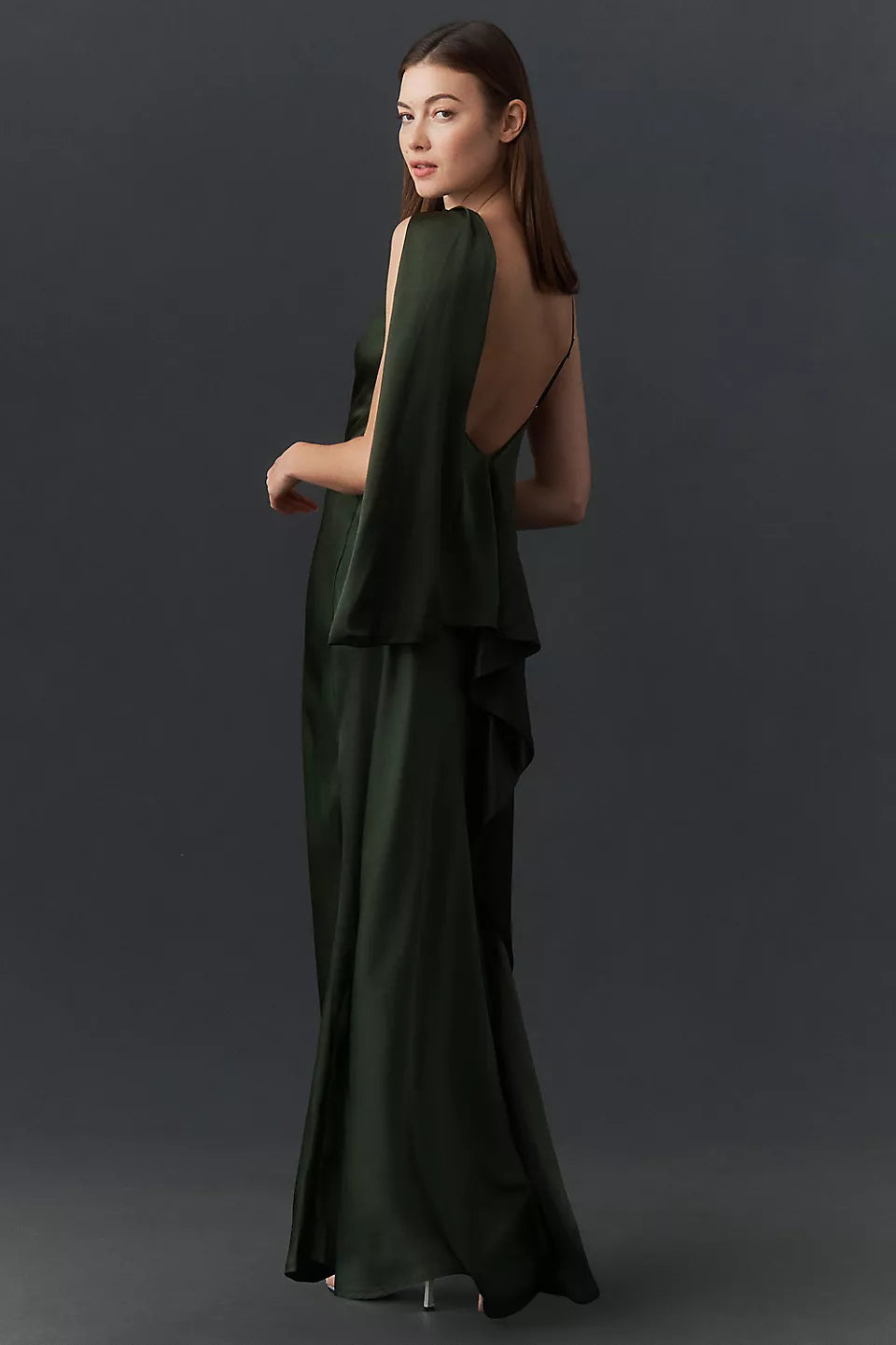 Emerald Green One Shoulder Satin Cape Sleeve Open Back Maxi Evening Dresses