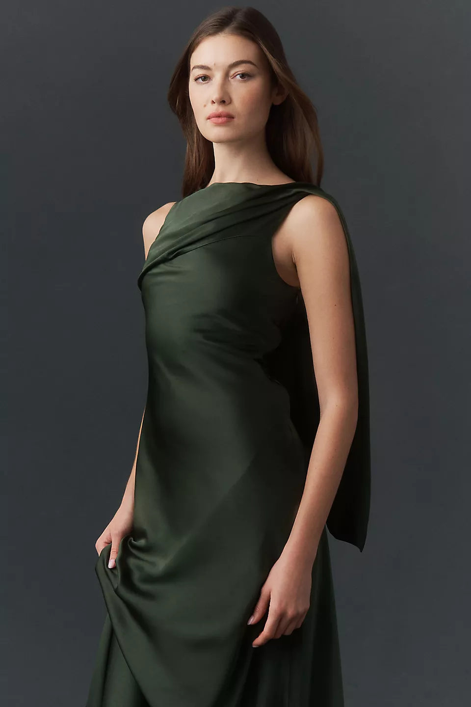 Emerald Green One Shoulder Satin Cape Sleeve Open Back Maxi Evening Dresses