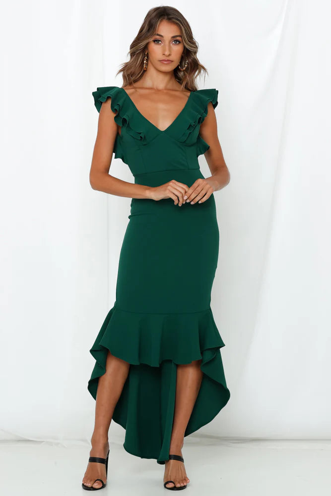 Emerald Green Ruffle V-Neck High Low Midi Evening Dresses