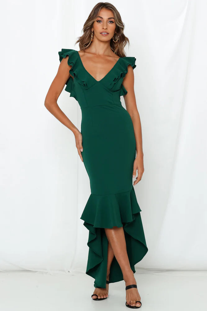 Emerald Green Ruffle V-Neck High Low Midi Evening Dresses