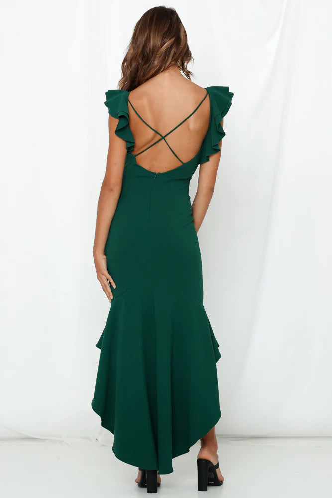 Emerald Green Ruffle V-Neck High Low Midi Evening Dresses