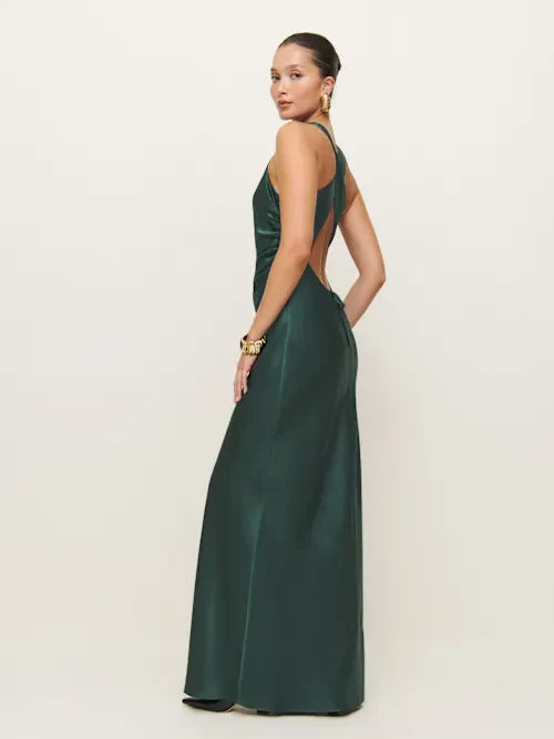 Emerald Green Satin Cowl Halter Neck Crisscross Open Back Prom Gown