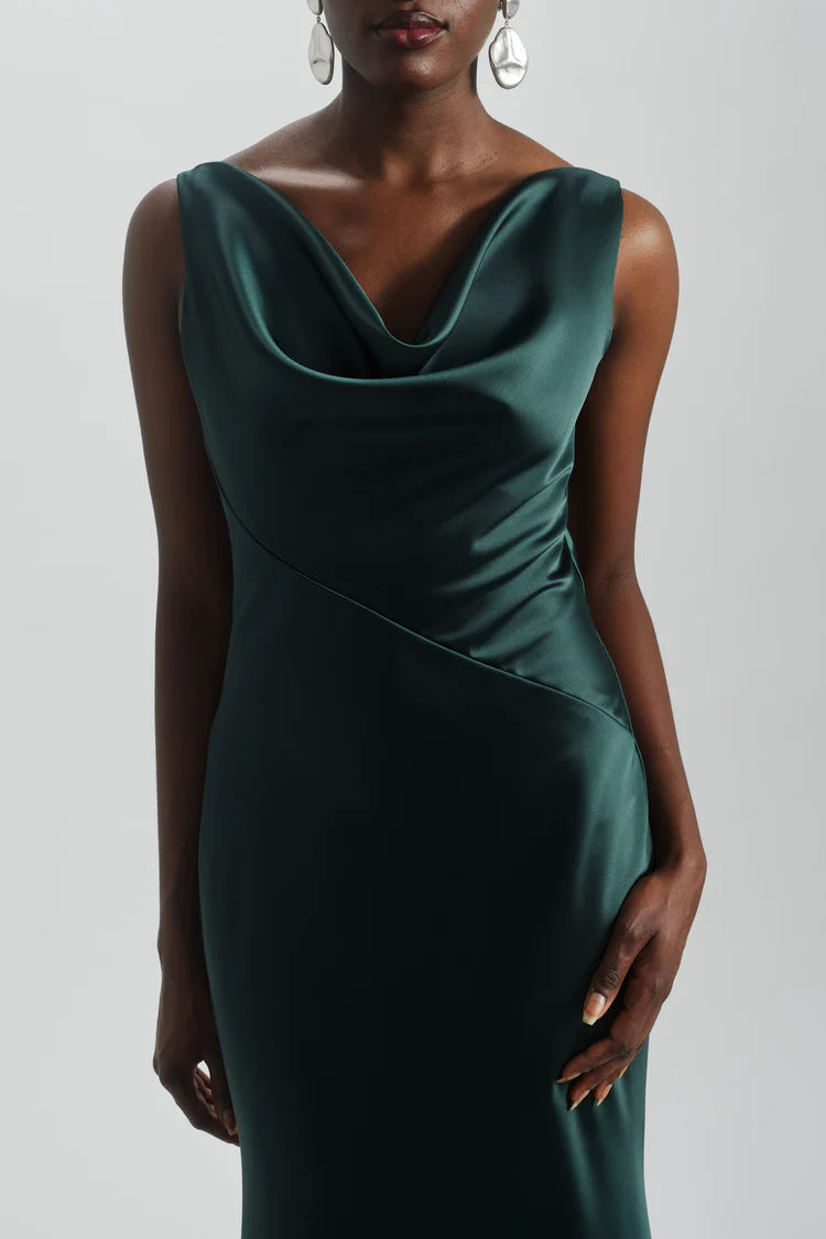 Emerald Green Satin Cowl Neck Deep V Back Maxi Evening Dresses