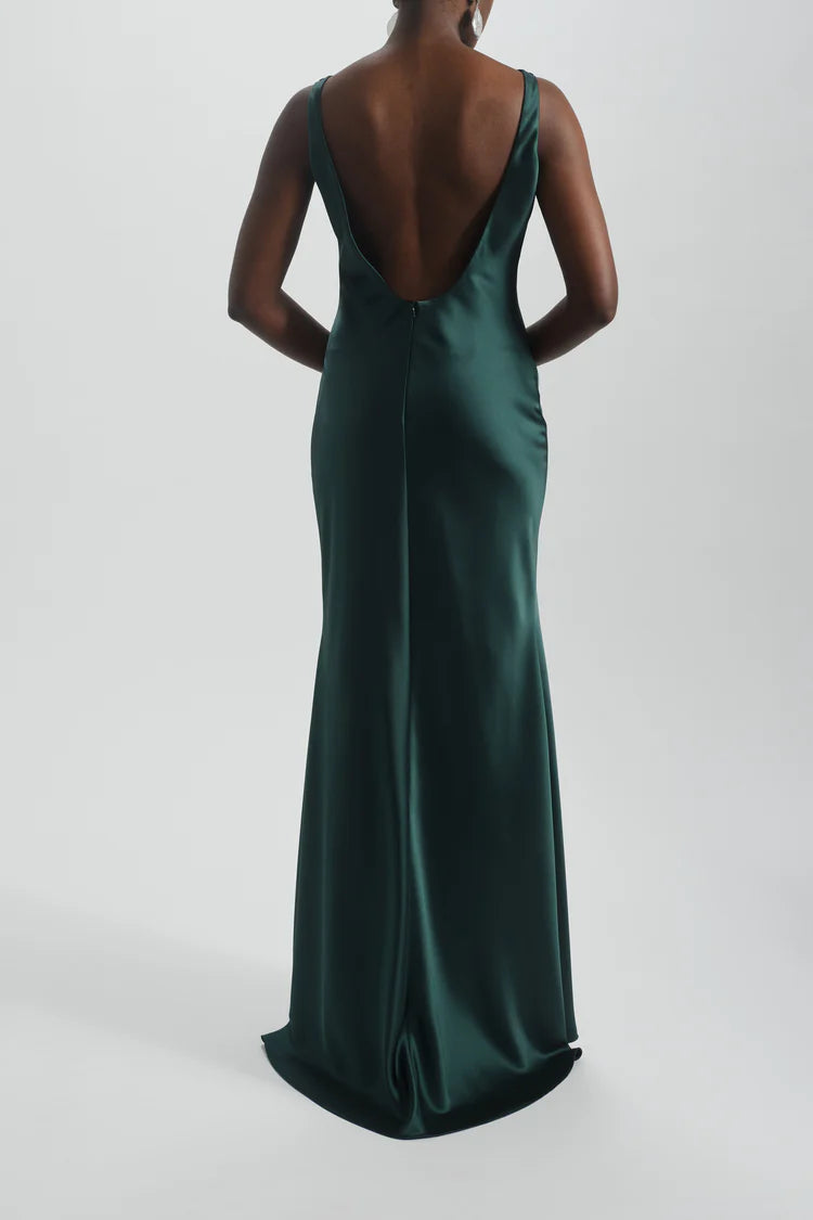 Emerald Green Satin Cowl Neck Deep V Back Maxi Evening Dresses