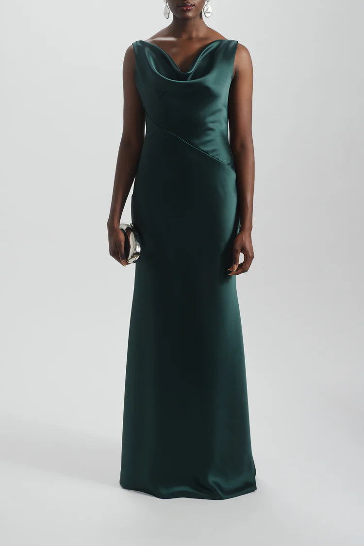 Emerald Green Satin Cowl Neck Deep V Back Maxi Evening Dresses