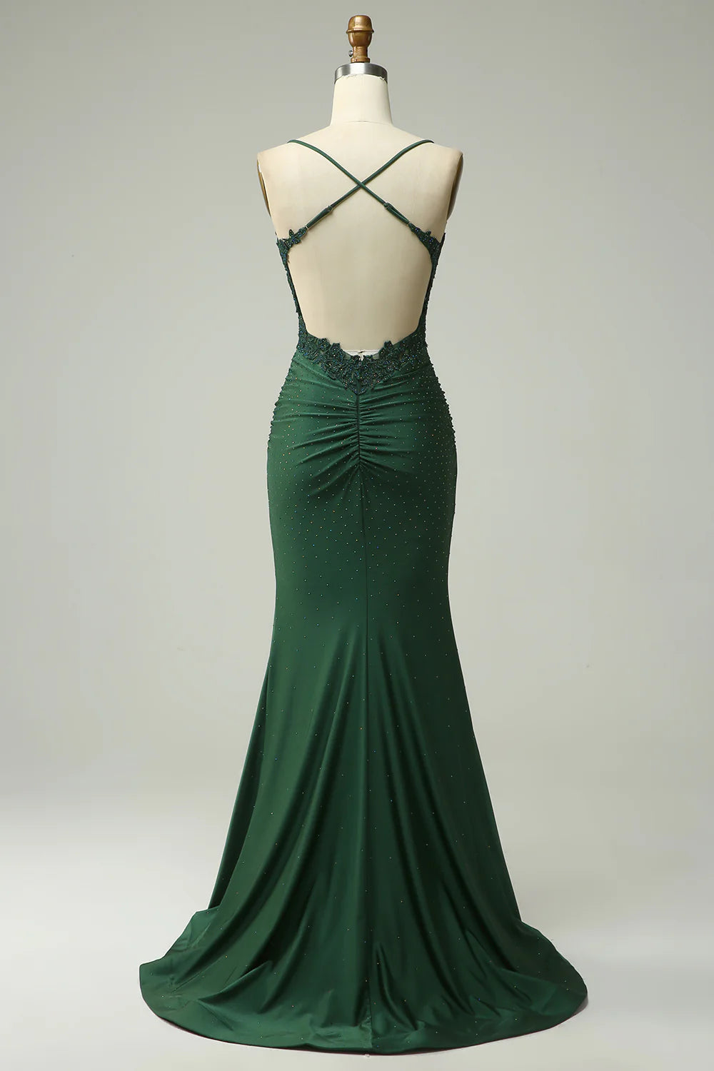 Emerald Green Satin Lace Appliqué Beaded Spaghetti Strap Mermaid Evening Dresses