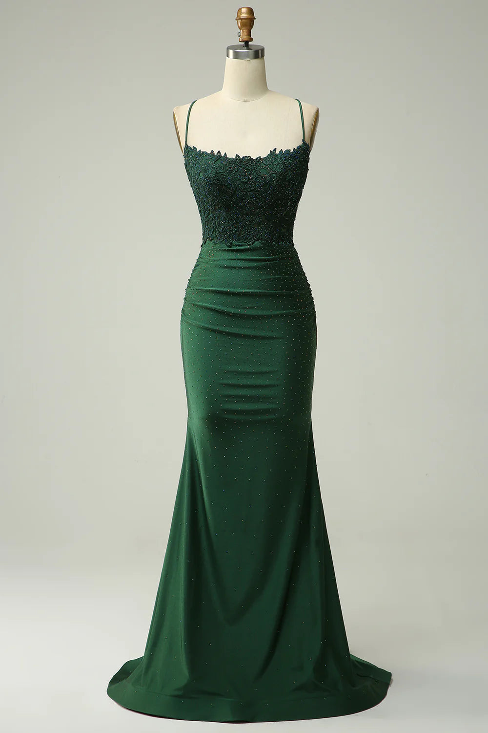 Emerald Green Satin Lace Appliqué Beaded Spaghetti Strap Mermaid Evening Dresses
