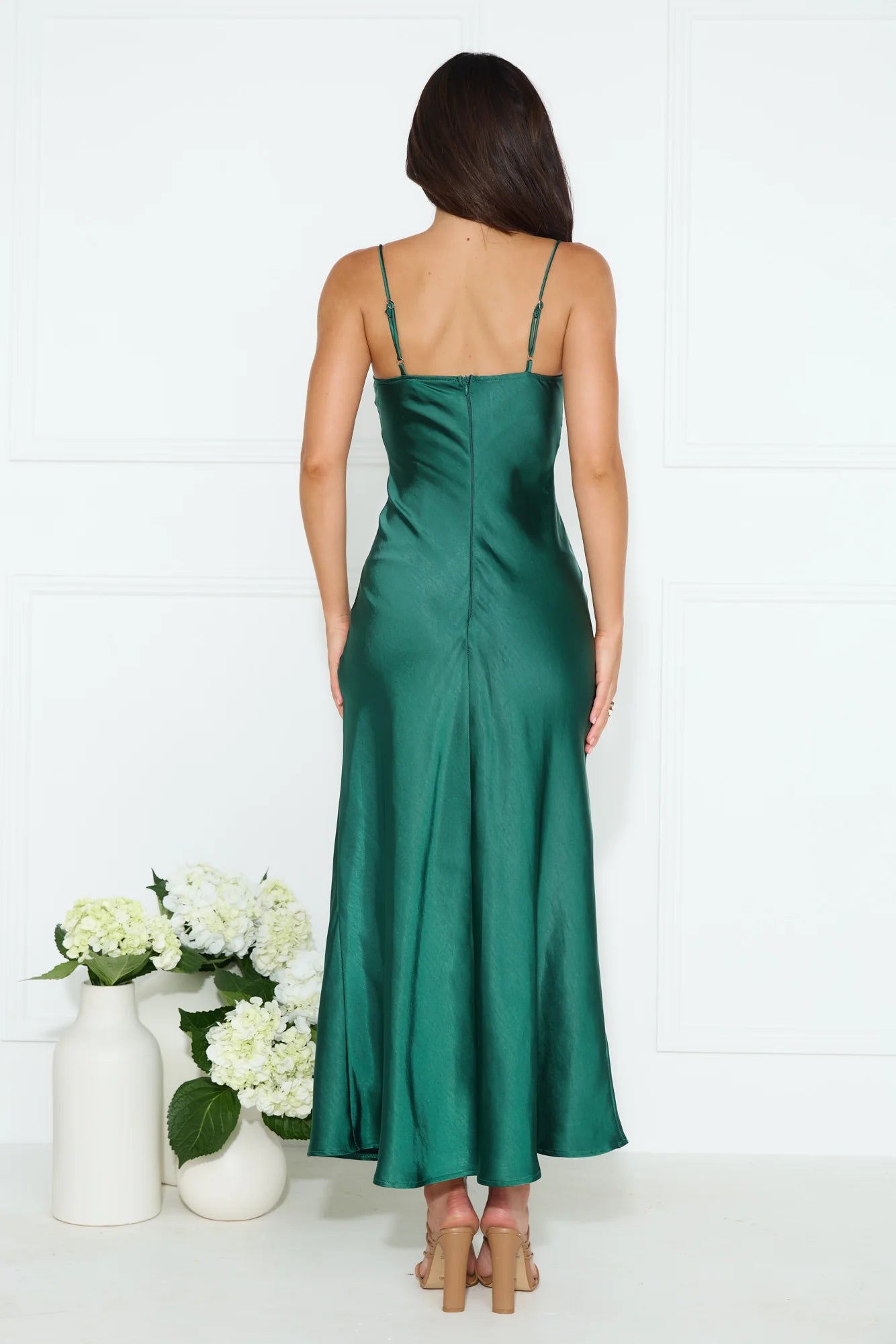 Emerald Green Satin Lace Spaghetti Strap Midi Evening Dresses