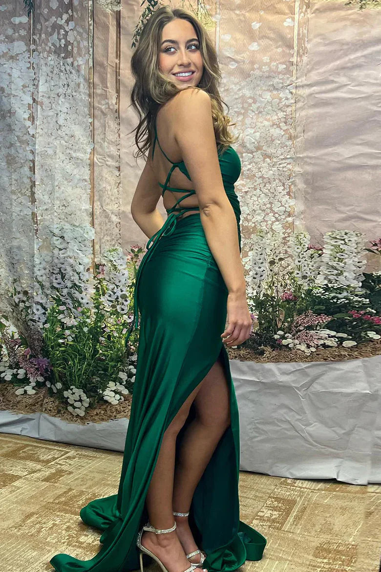 Emerald Green Satin Mermaid Prom Dress with Spaghetti Straps and High Slit