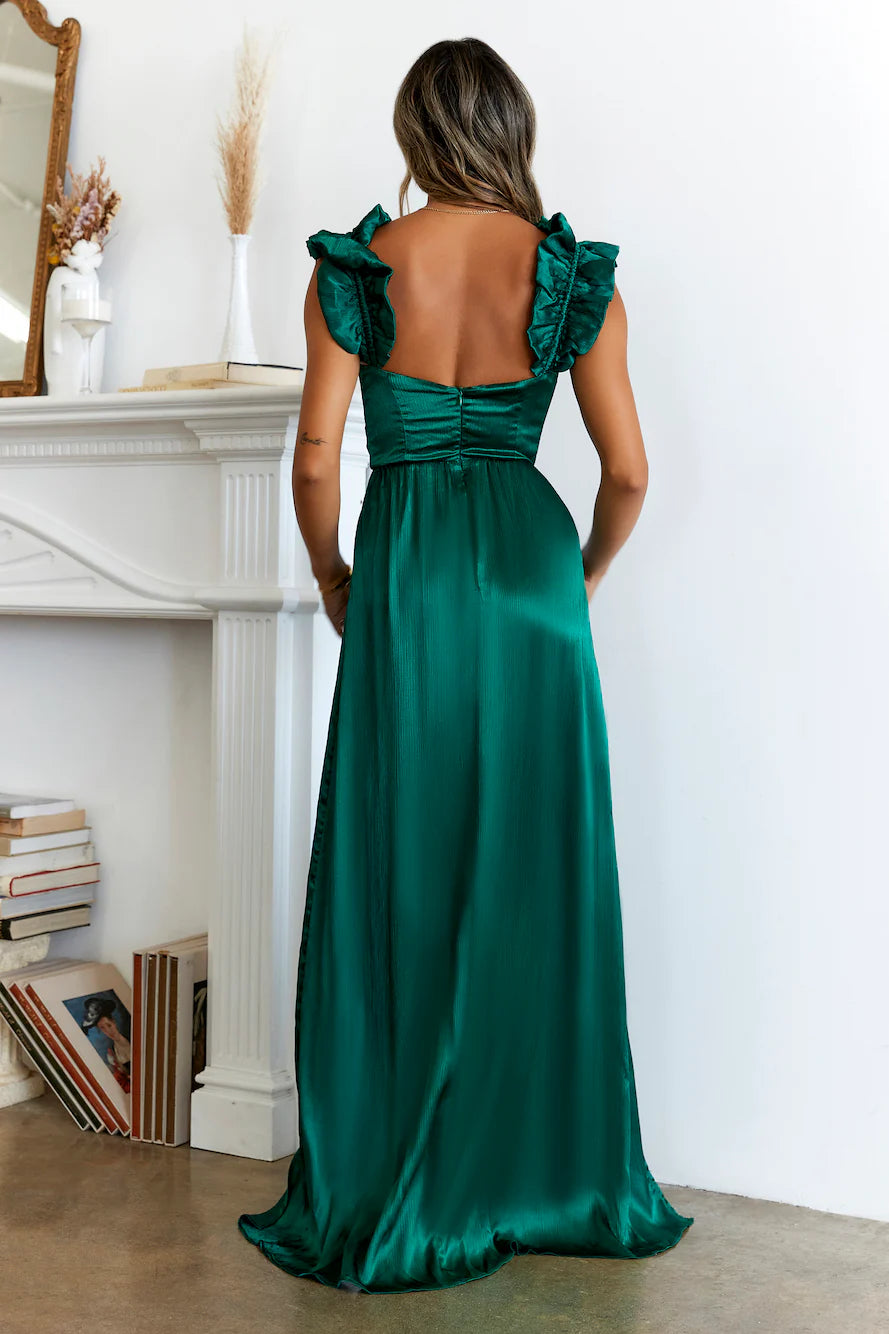 Emerald Green Satin Ruffle Strap Double Slit Maxi Evening Dresses