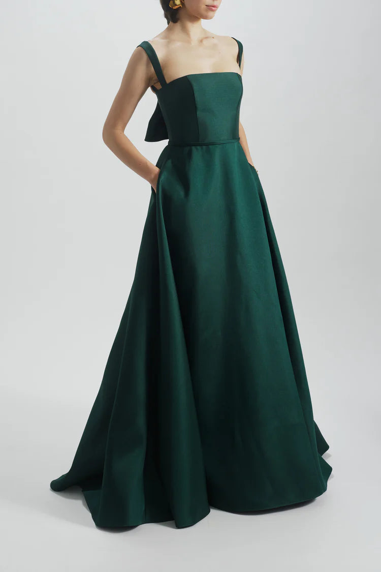 Emerald Green Satin Square Neck Bow Back Maxi Evening Dresses