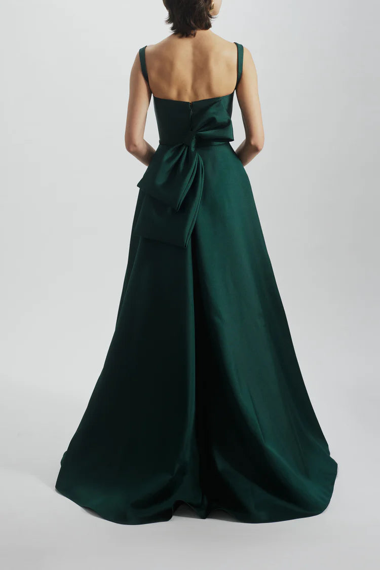 Emerald Green Satin Square Neck Bow Back Maxi Evening Dresses