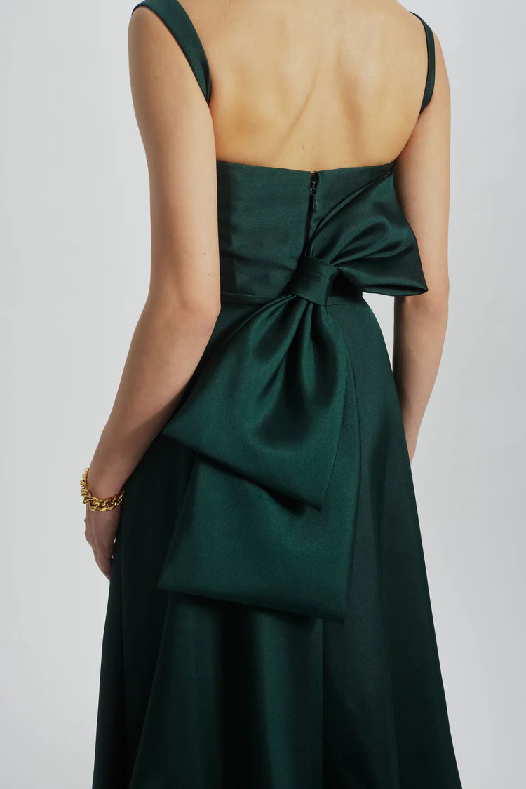 Emerald Green Satin Square Neck Bow Back Maxi Evening Dresses