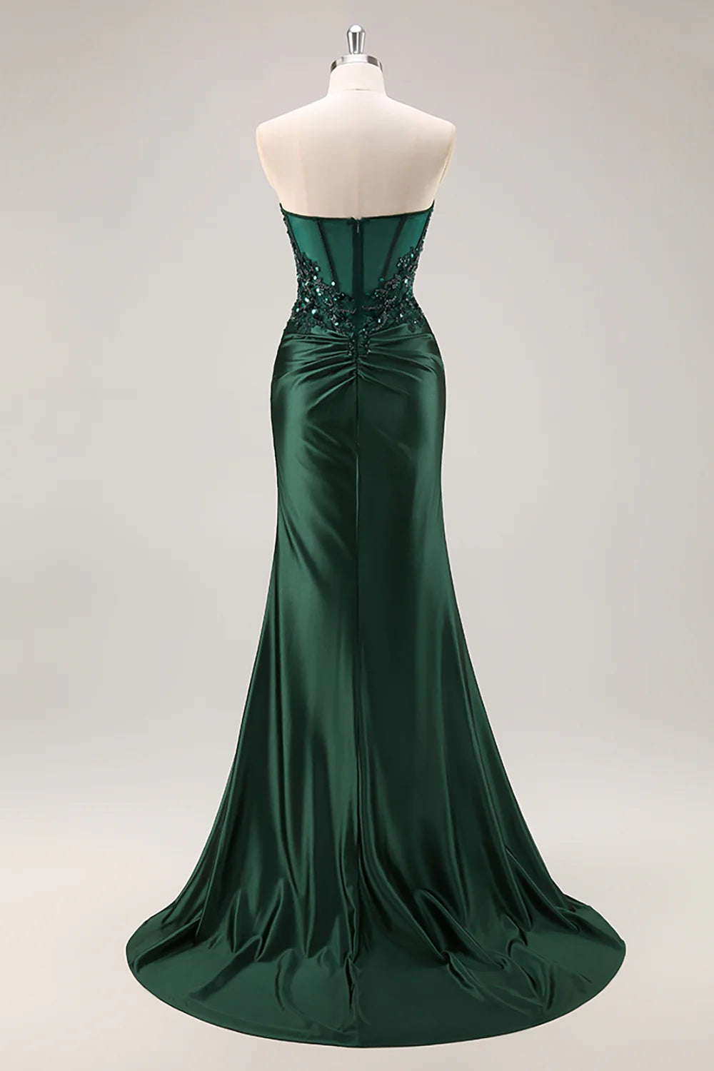 Emerald Green Satin Strapless Lace Applique High Slit Mermaid Evening Dresses