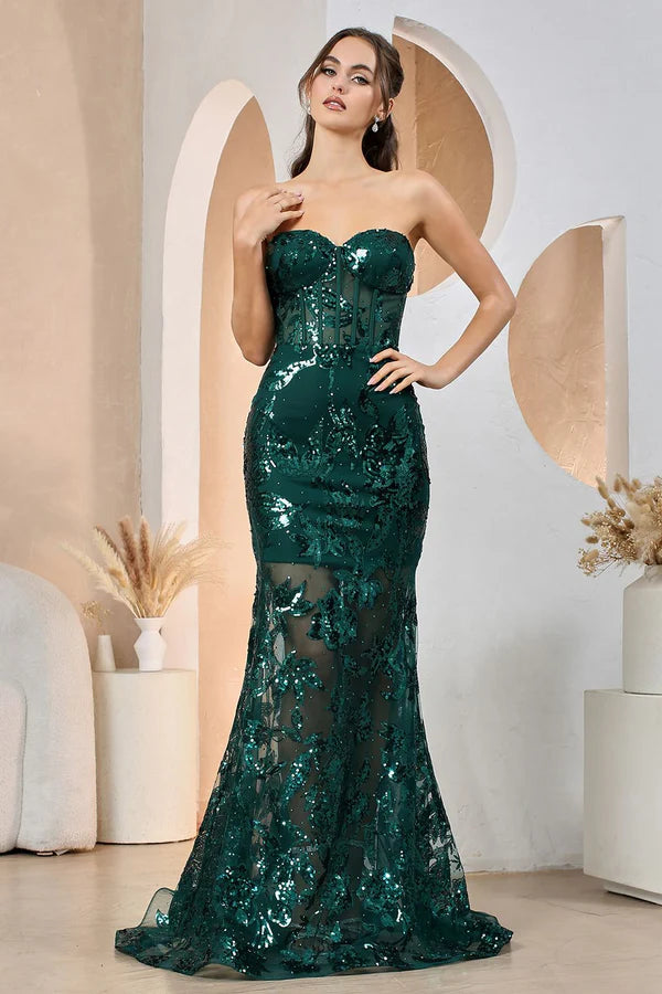 Emerald Green Sequin Floral Strapless Corset Lace-Up Mermaid Train Evening Dresses